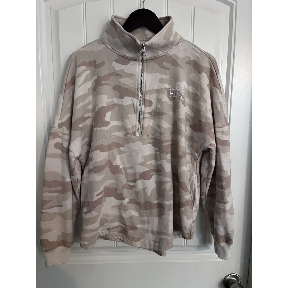 Victoria's Secret Pink Logo Women's‎ Small 1/4 Zip Sweatshirt Tan Camo 471